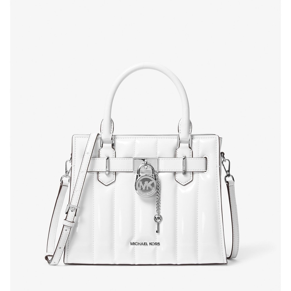 Michael Kors Hamilton Satchel Optic White Small Leather Padlock Shoulder Bag